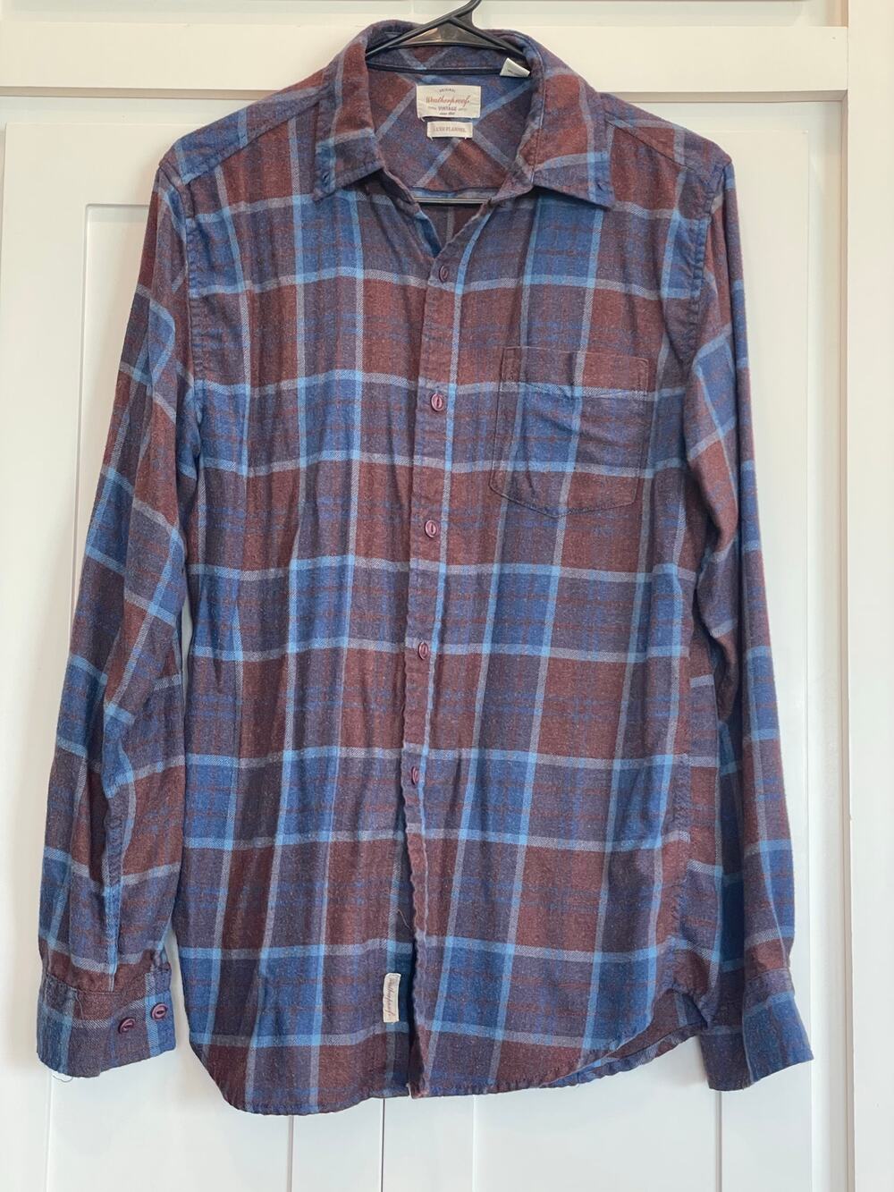 Weatherproof Vintage Luxe Flannel button up long sleeve Small rust and blue